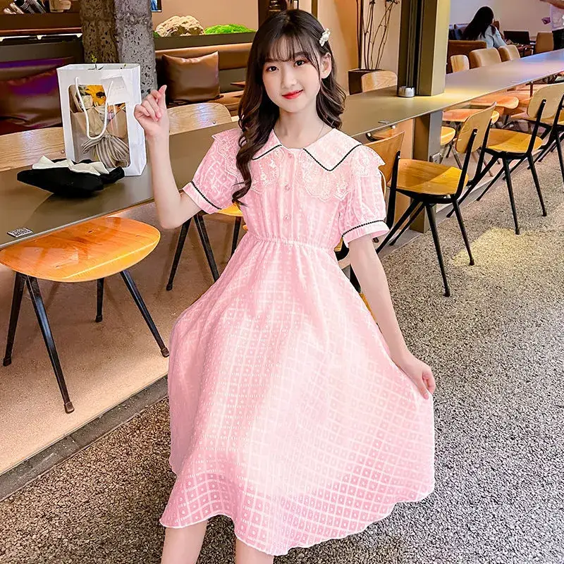 Girls Pink Grid Dress Medium Large Summer 2024 - Image 2