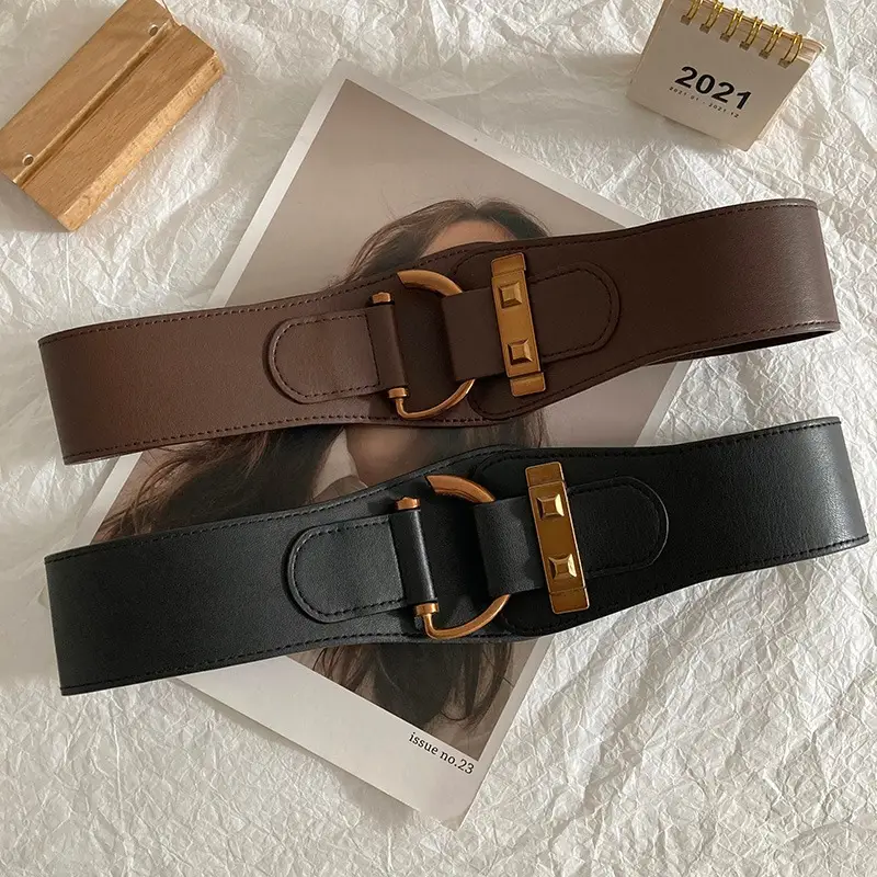 Women's Black Elastic Belt with Gold Punch Design