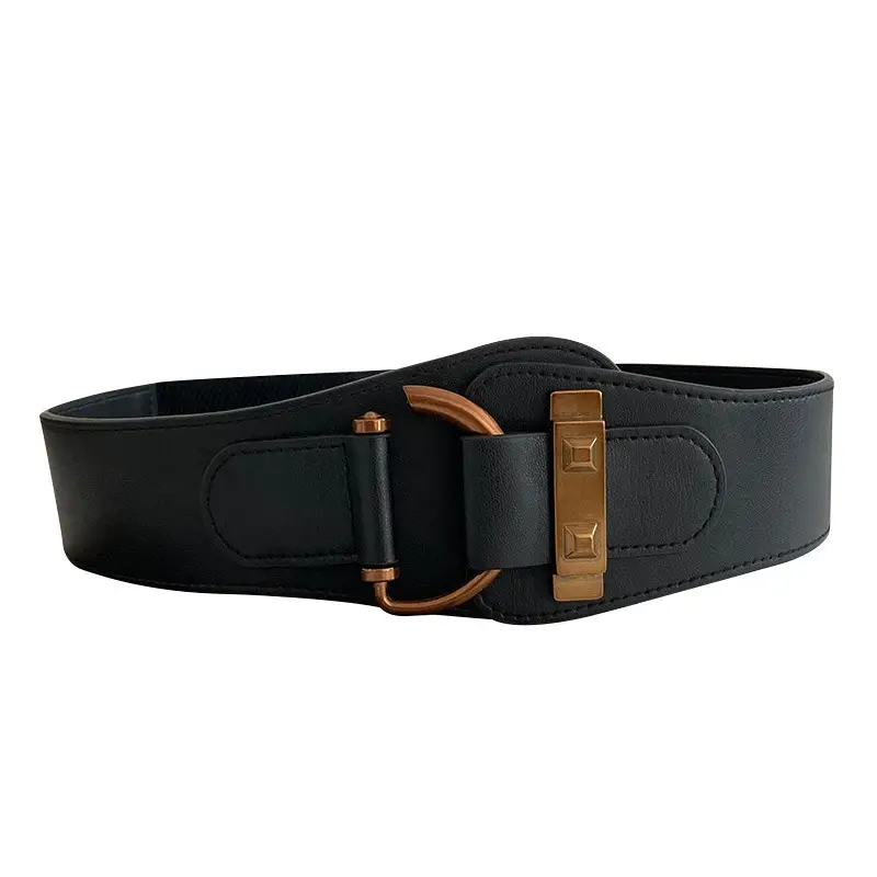Women's Black Elastic Belt with Gold Punch Design