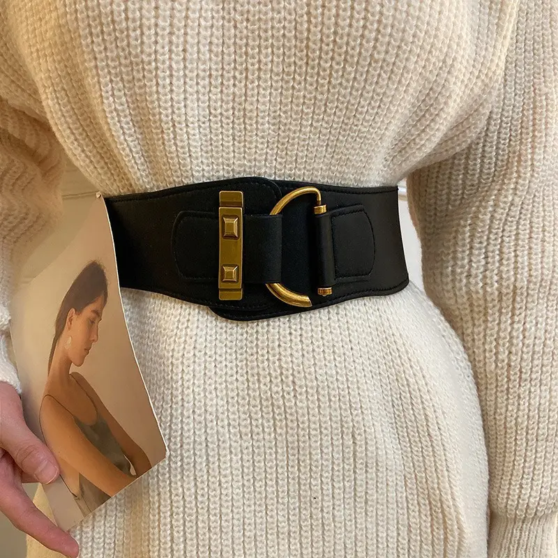 Women's Black Elastic Belt with Gold Punch Design — feature 8