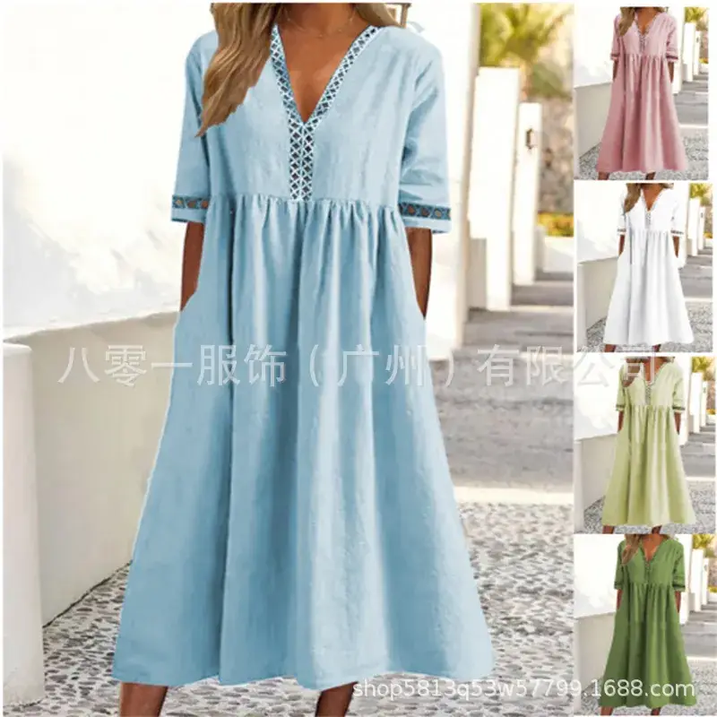Light Blue V-Neck Lace Dress for Women - Image 6