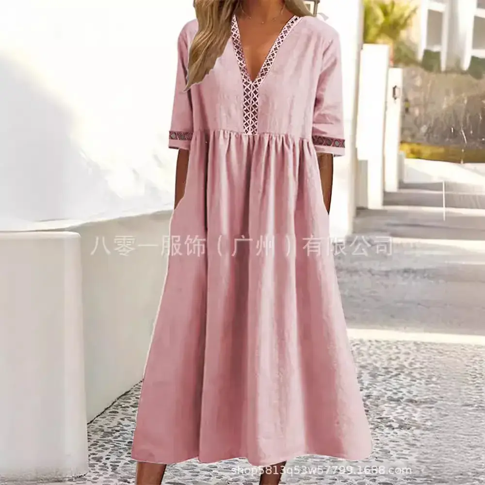 Light Blue V-Neck Lace Dress for Women - Image 7