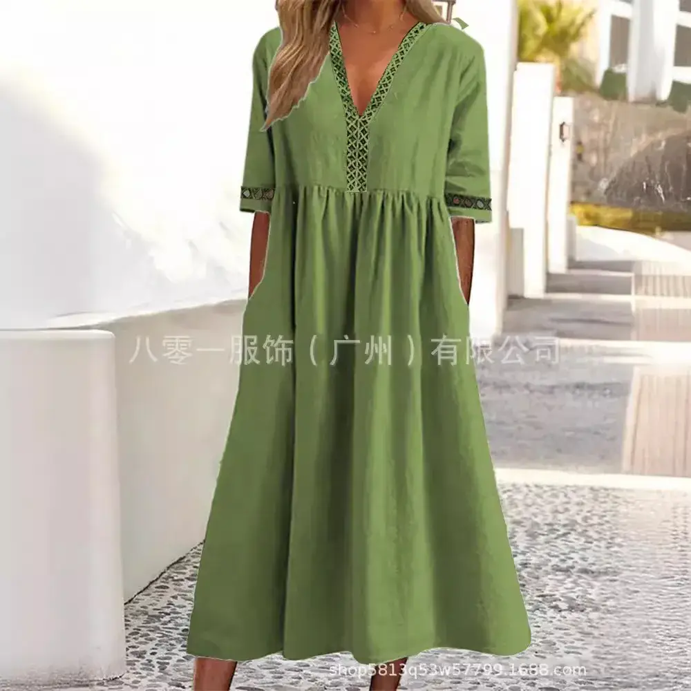 Light Blue V-Neck Lace Dress for Women - Image 8