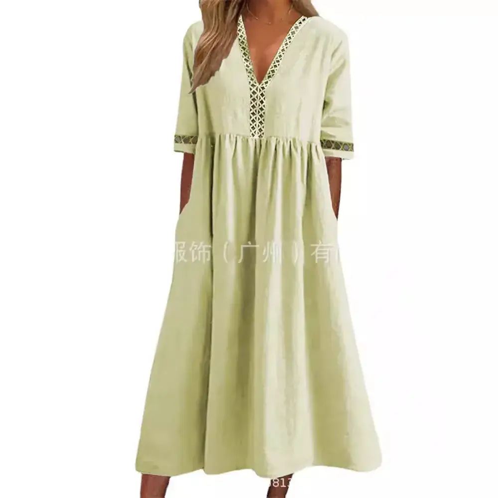 Light Blue V-Neck Lace Dress for Women - Image 10