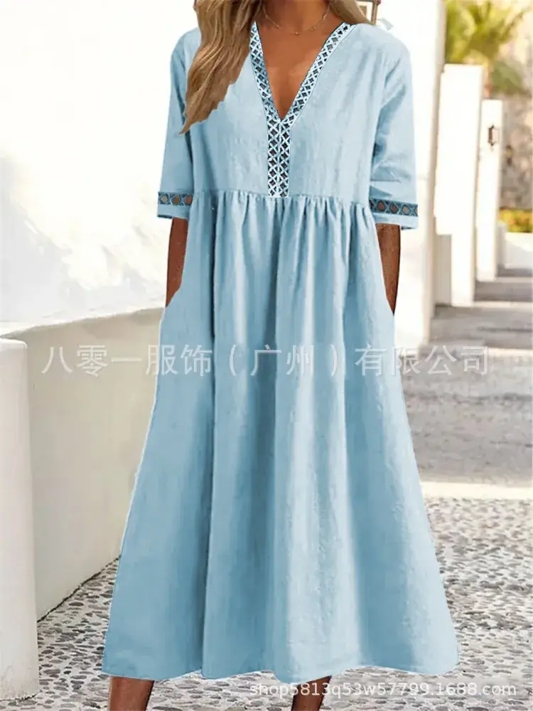 Light Blue V-Neck Lace Dress for Women — feature 7