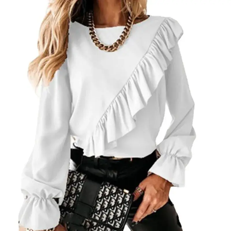 Women's Red Ruffled Long Sleeve Chiffon Shirt - Image 6
