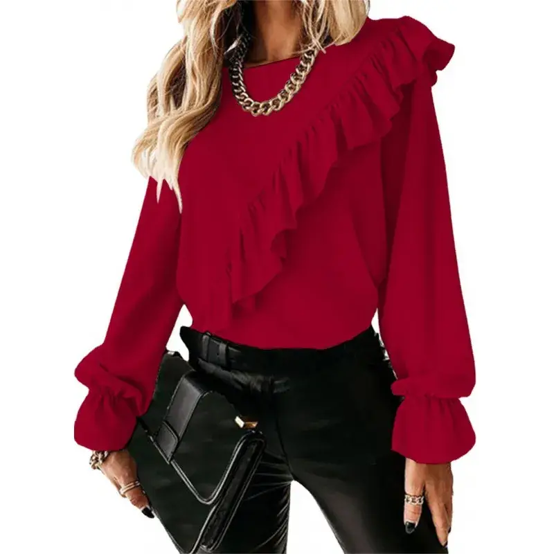 Women's Red Ruffled Long Sleeve Chiffon Shirt - Image 8