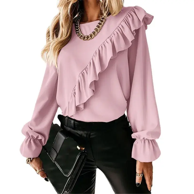 Women's Red Ruffled Long Sleeve Chiffon Shirt - Image 9