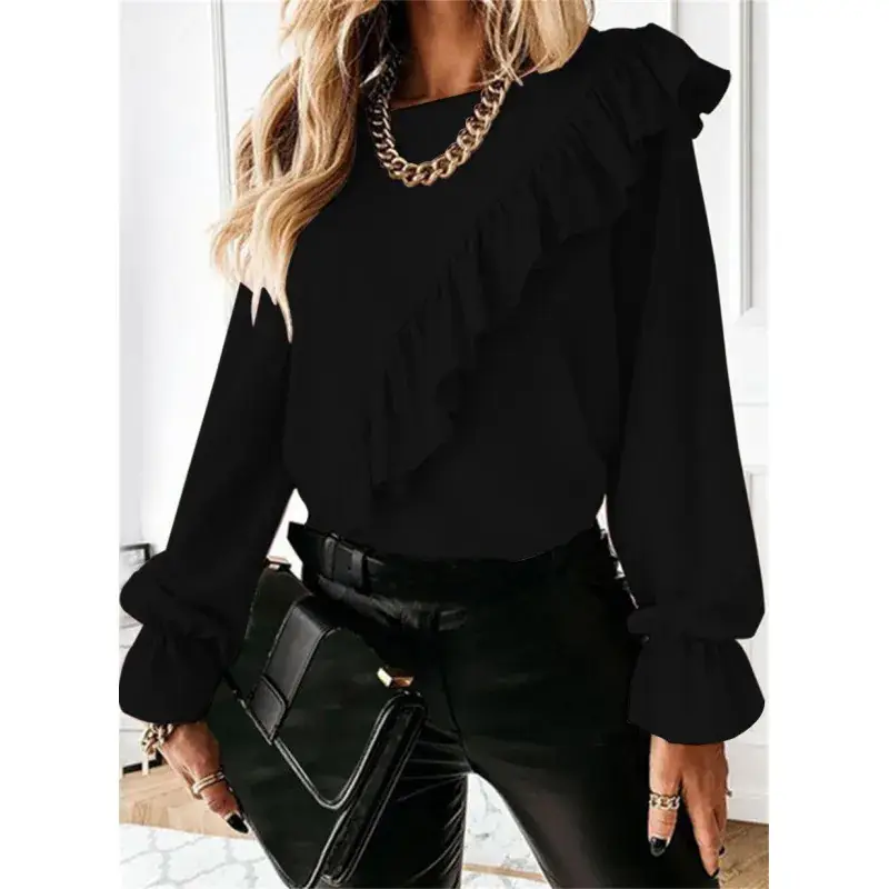 Women's Red Ruffled Long Sleeve Chiffon Shirt - Image 2