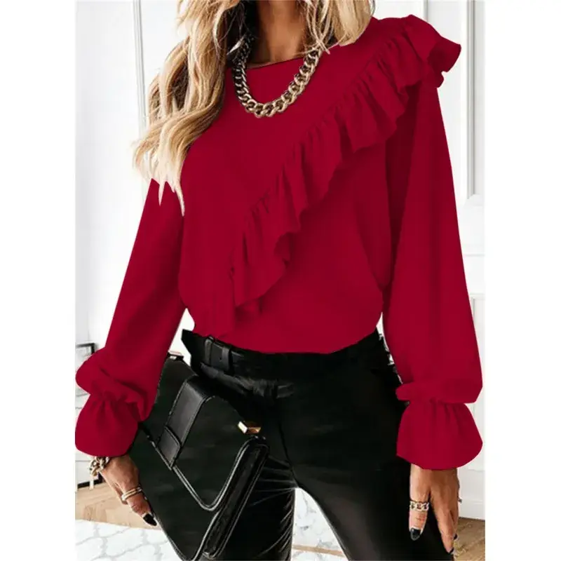 Women's Red Ruffled Long Sleeve Chiffon Shirt - Image 4