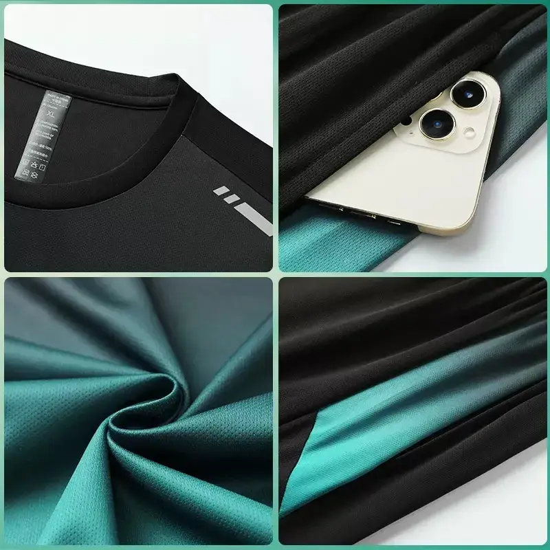 Men Ice Silk Shorts Black Blue Gradient Set