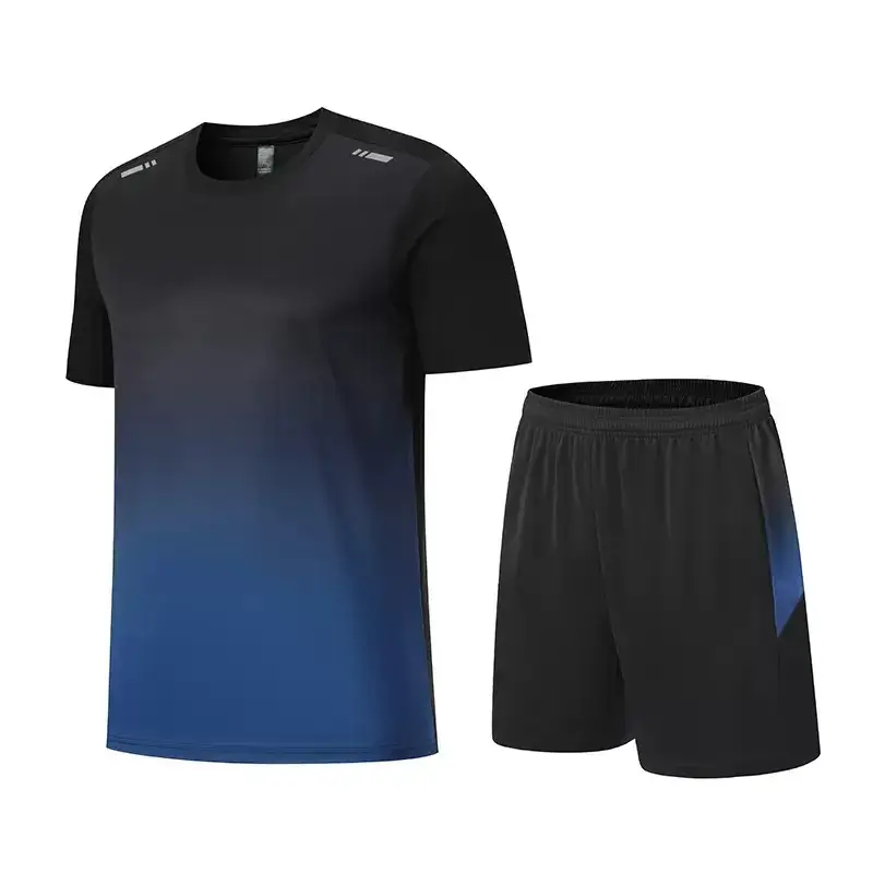 Men Ice Silk Shorts Black Blue Gradient Set