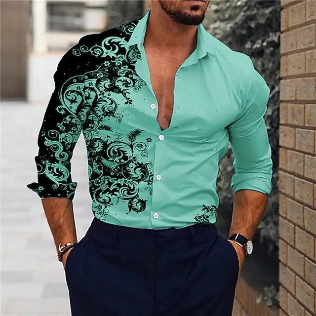 Men's Red Black Embroidered Long Sleeve Shirt - Image 8
