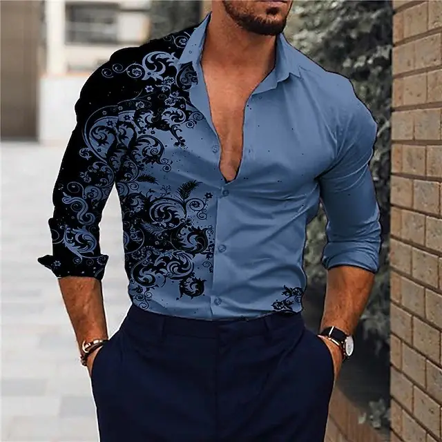 Men's Red Black Embroidered Long Sleeve Shirt - Image 9