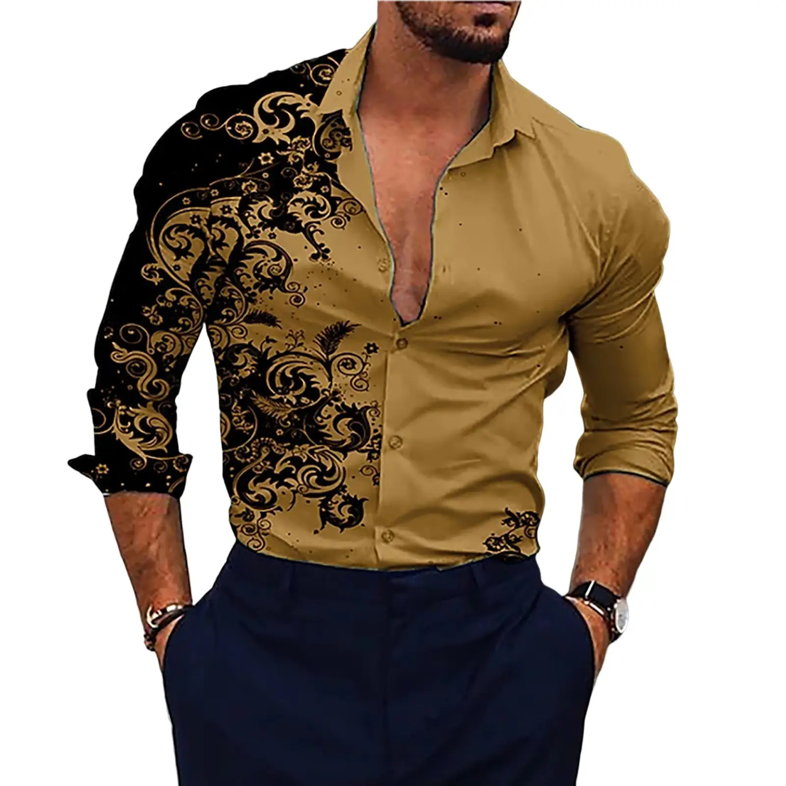 Men's Red Black Embroidered Long Sleeve Shirt - Image 10