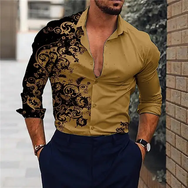 Men's Red Black Embroidered Long Sleeve Shirt - Image 2