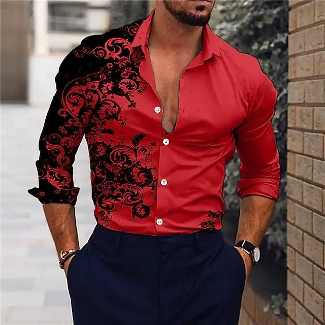 Men's Red Black Embroidered Long Sleeve Shirt - Image 5