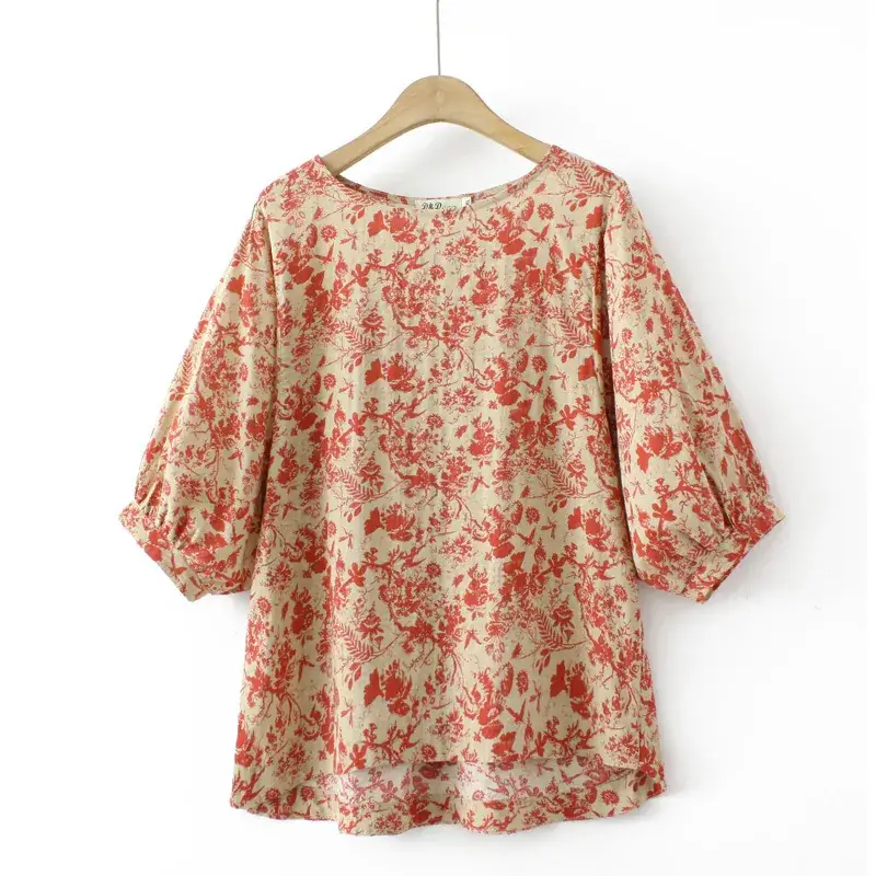 Women Floral T-Shirt Middle Sleeve Large 2023 Summer - Image 2