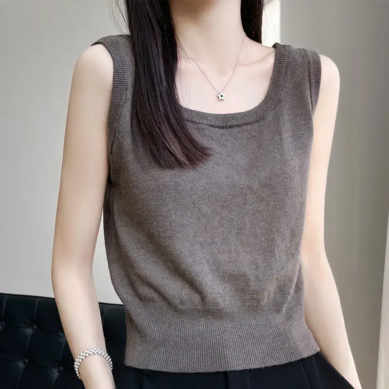 Women's Sleeveless Camisole Ice Silk Knit Gray - Image 9