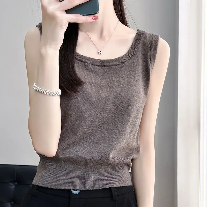 Women's Sleeveless Camisole Ice Silk Knit Gray - Image 3