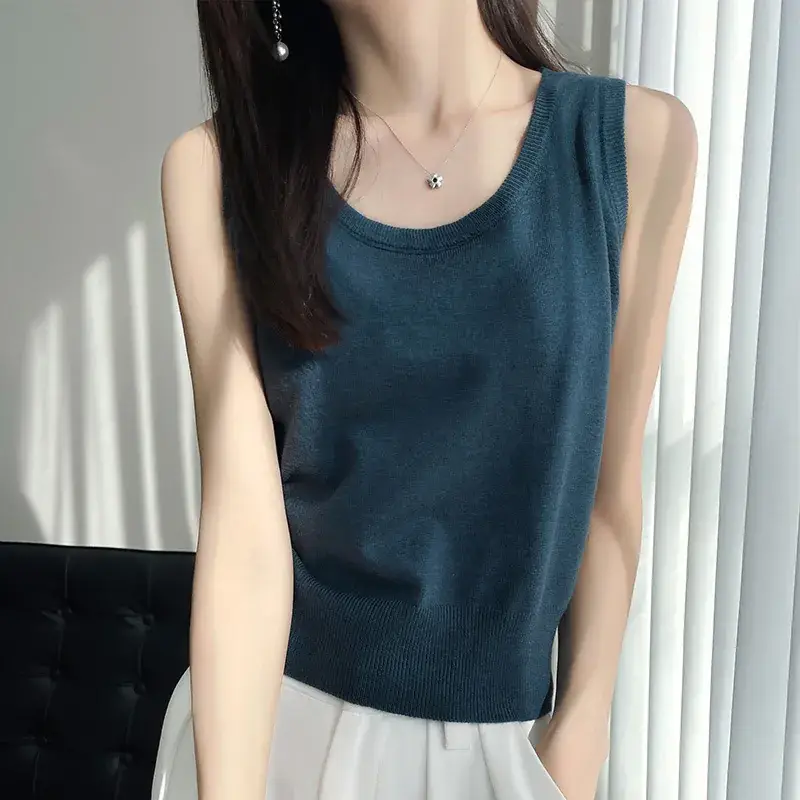 Women's Sleeveless Camisole Ice Silk Knit Gray - Image 4
