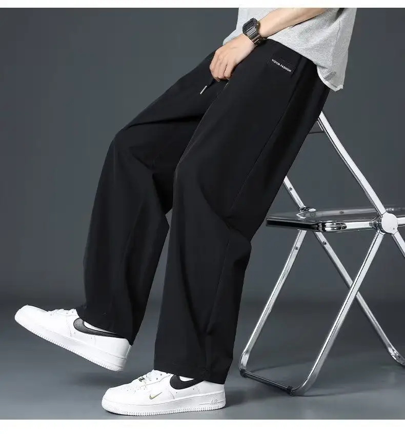 Men's Black Ice Silk Loose Cropped Pants Plus Size — feature 20