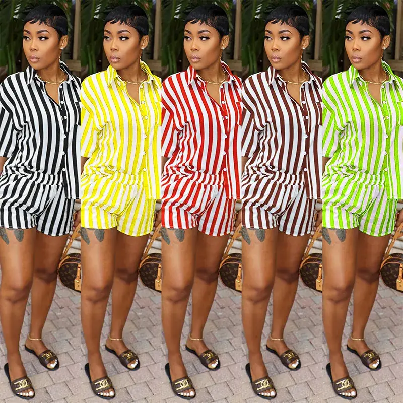 Green Striped Women's 2-Piece Summer Suit Loose Fit