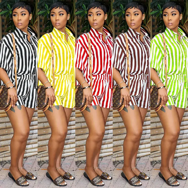 Green Striped Women's 2-Piece Summer Suit Loose Fit