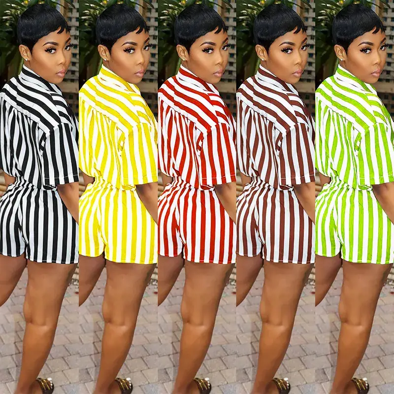 Green Striped Women's 2-Piece Summer Suit Loose Fit