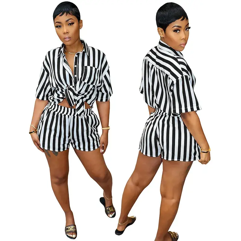 Green Striped Women's 2-Piece Summer Suit Loose Fit