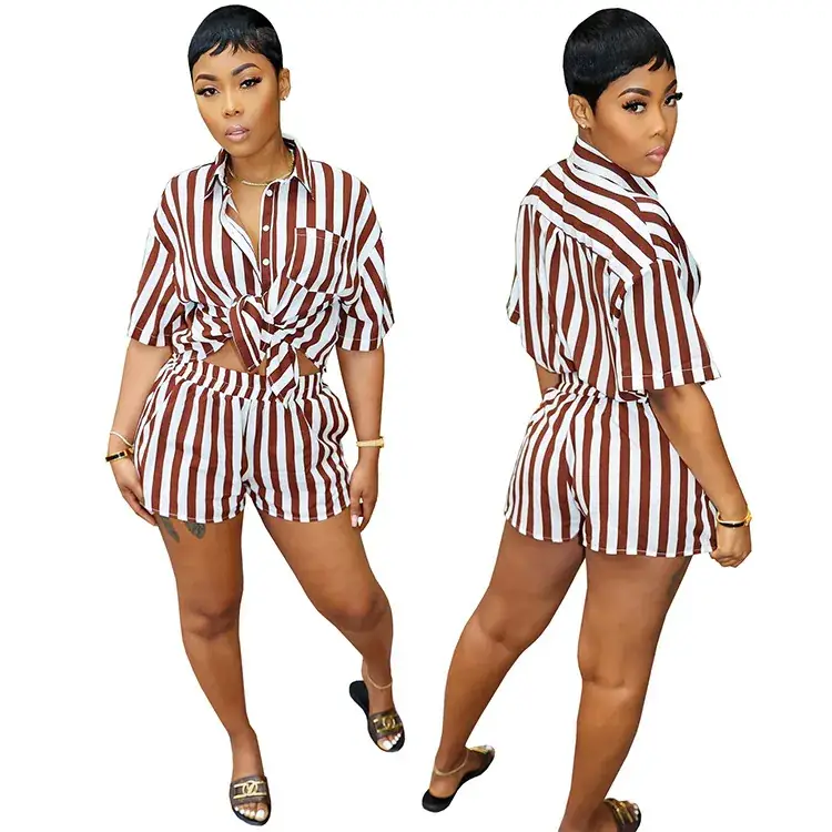Green Striped Women's 2-Piece Summer Suit Loose Fit