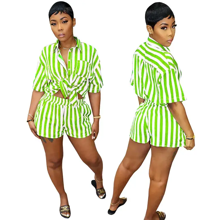 Green Striped Women's 2-Piece Summer Suit Loose Fit
