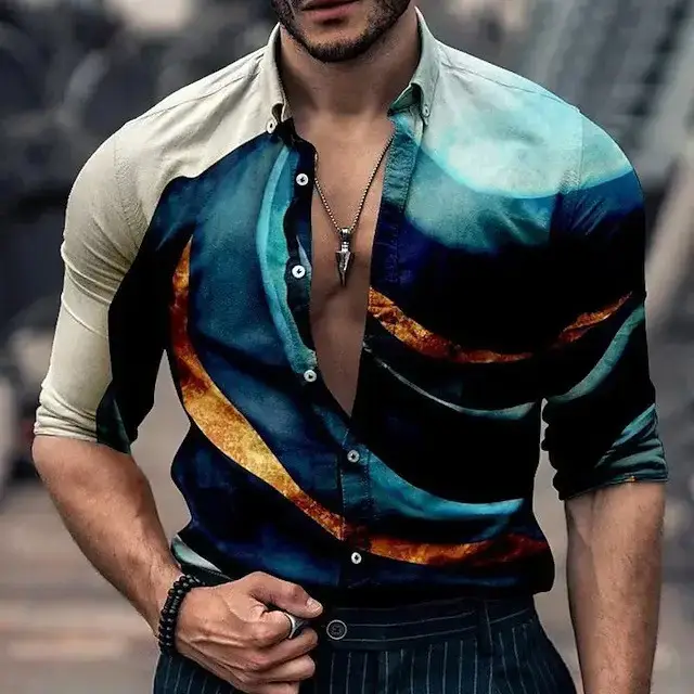 2023 Men's 3D Printed Long Sleeve Shirt Blue Orange — feature 9