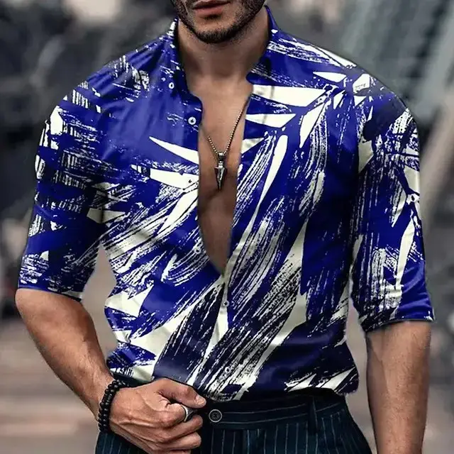 2023 Men's 3D Printed Long Sleeve Shirt Blue Orange - Image 2