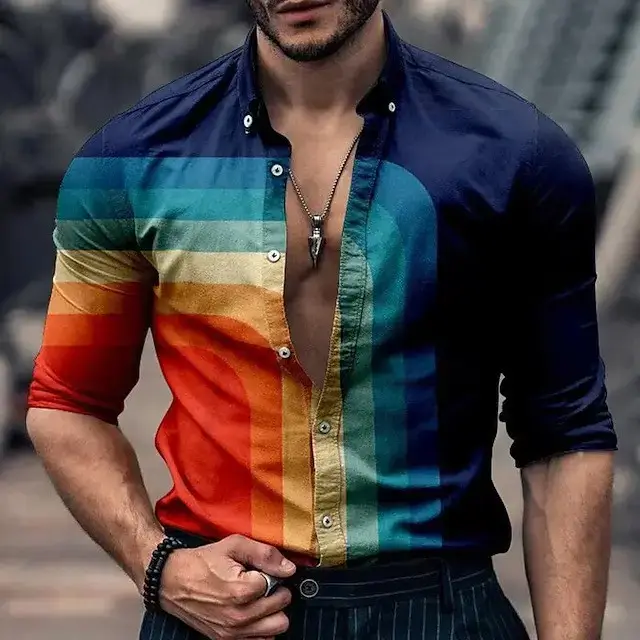 2023 Men's 3D Printed Long Sleeve Shirt Blue Orange - Image 3