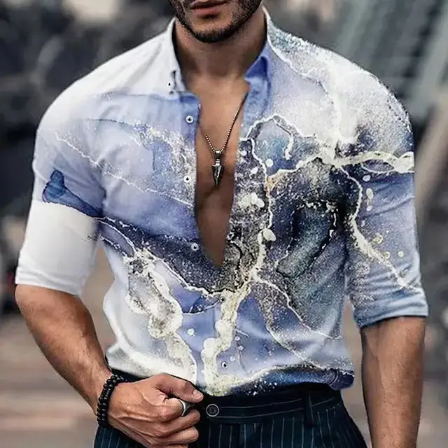 2023 Men's 3D Printed Long Sleeve Shirt Blue Orange - Image 5