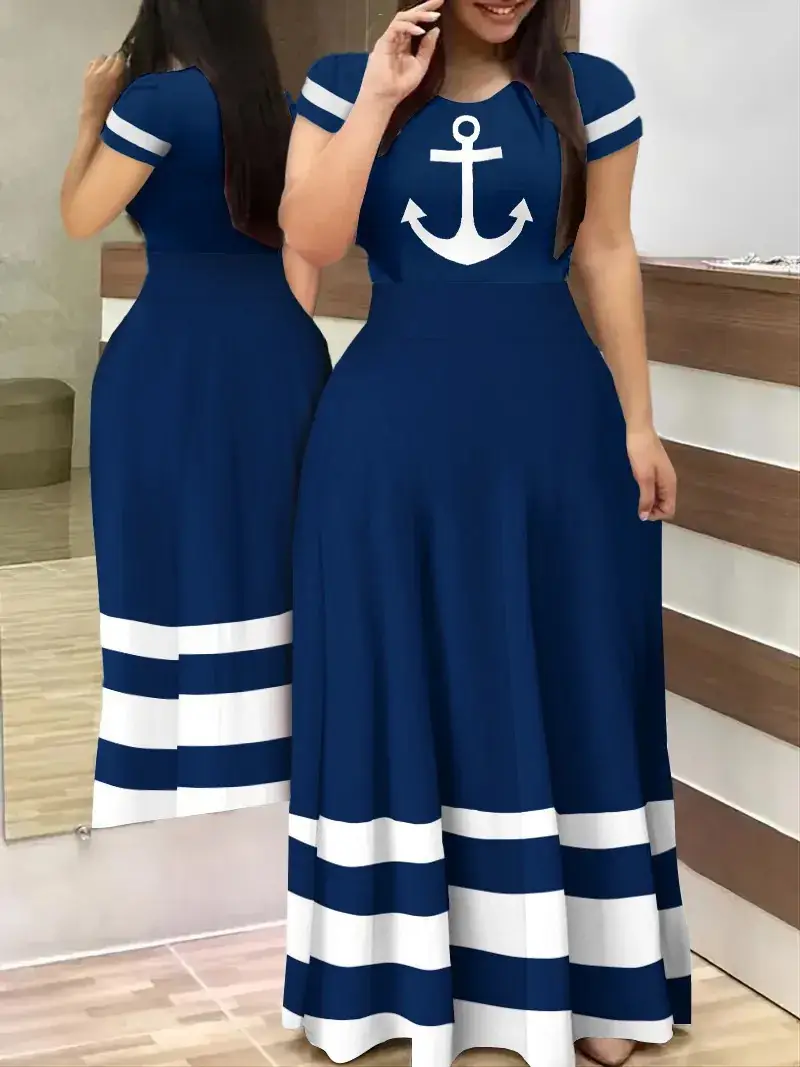 2023 Navy Blue Anchor Print Long Sleeve Dress - Image 8