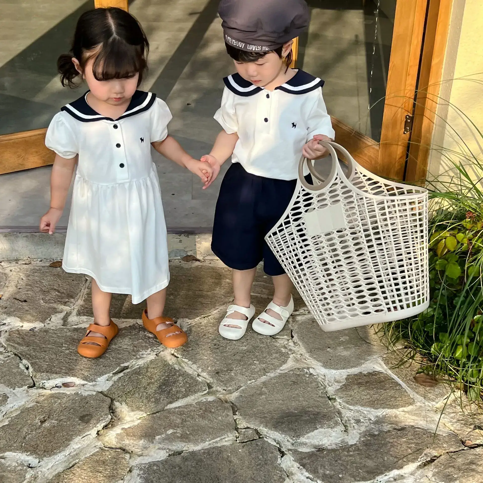 Brother & Sister Navy Collar Shorts Suit Summer Kids