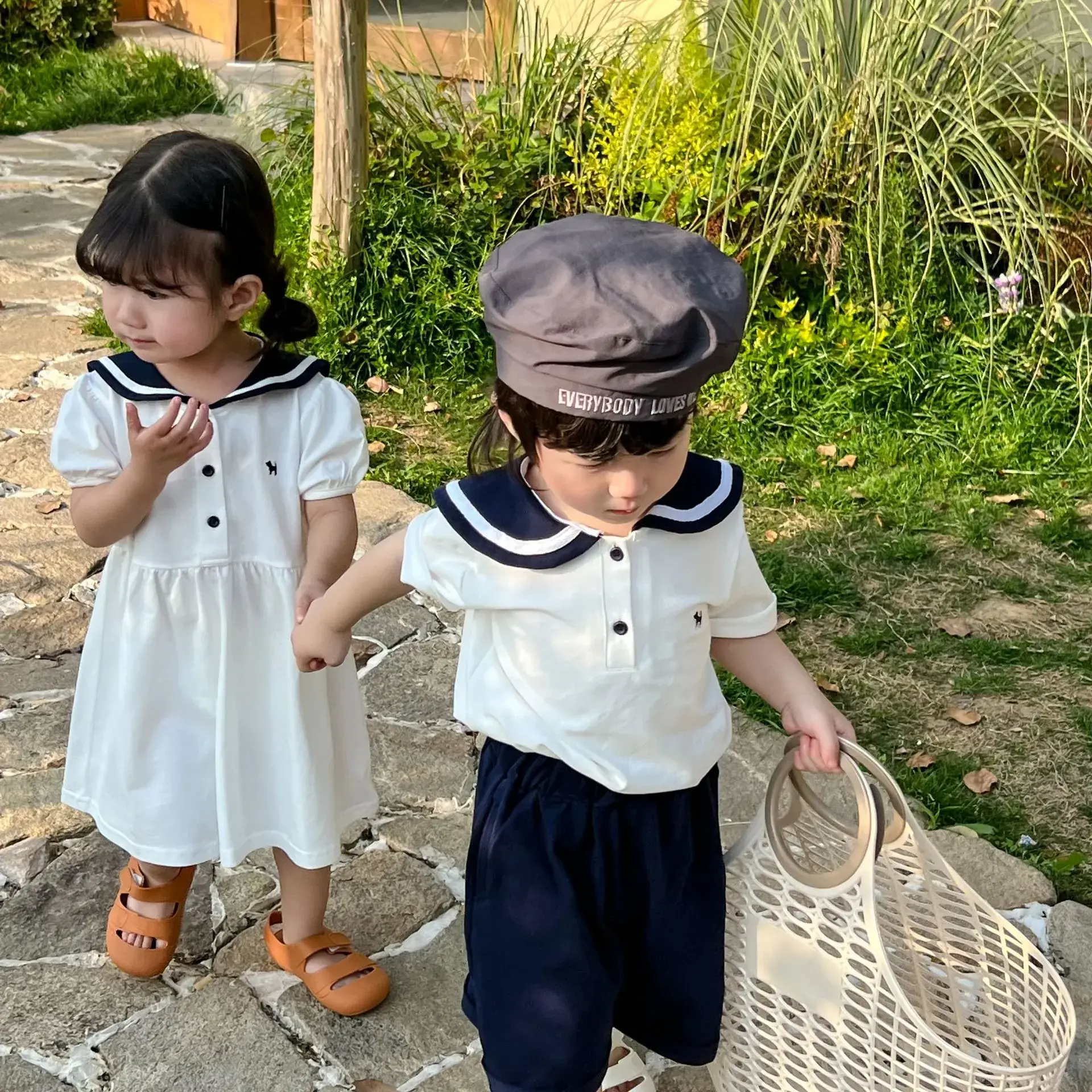 Brother & Sister Navy Collar Shorts Suit Summer Kids