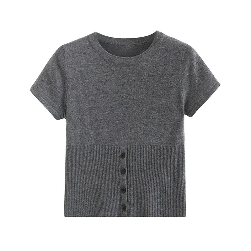 Black Knitted Button T-Shirt Women 2023 Summer