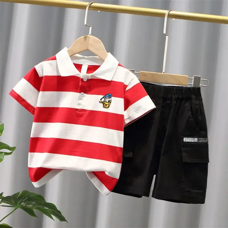 Children Striped Polo Shirt & Black Shorts Set - Image 2
