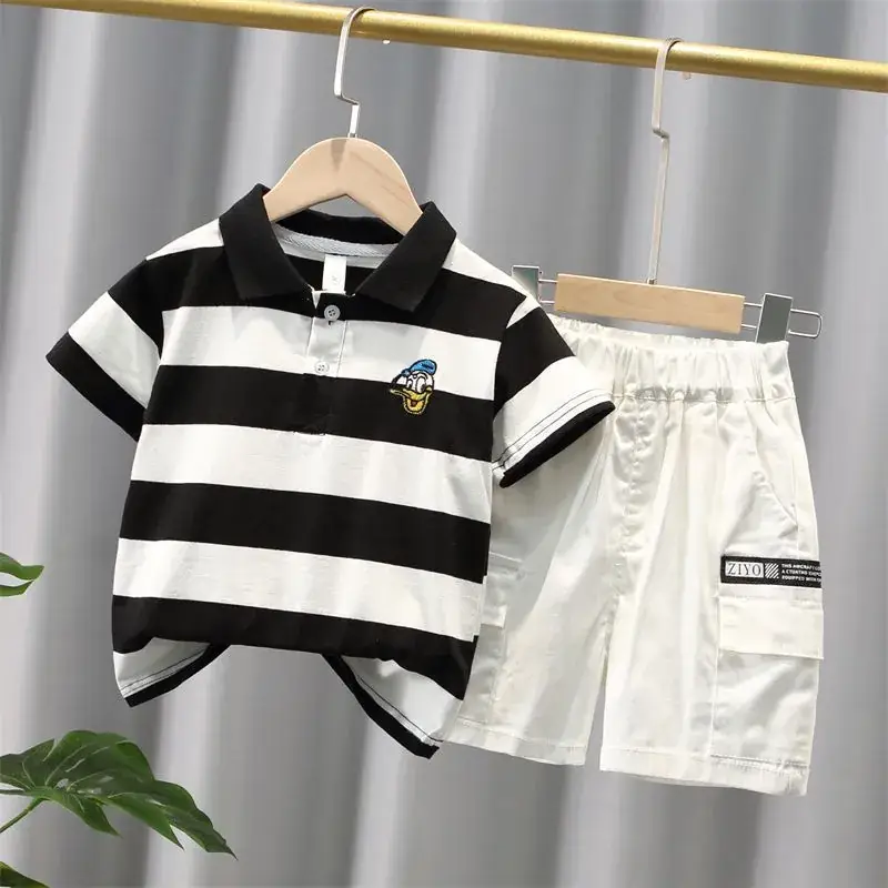 Children Striped Polo Shirt & Black Shorts Set - Image 5