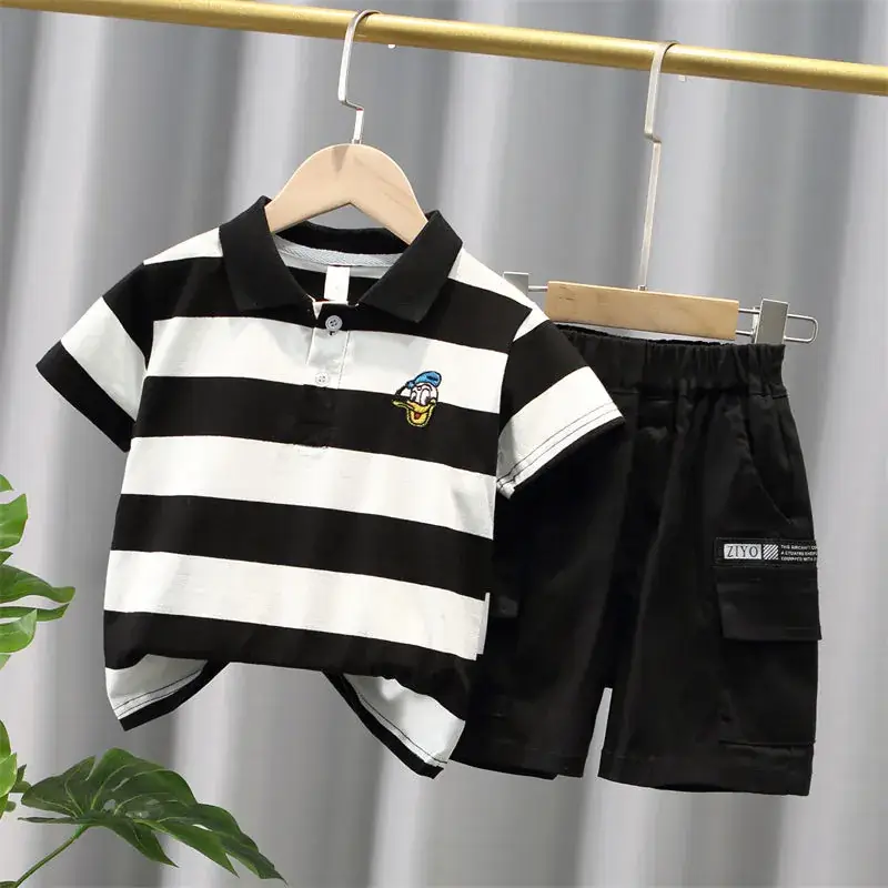 Children Striped Polo Shirt & Black Shorts Set - Image 6