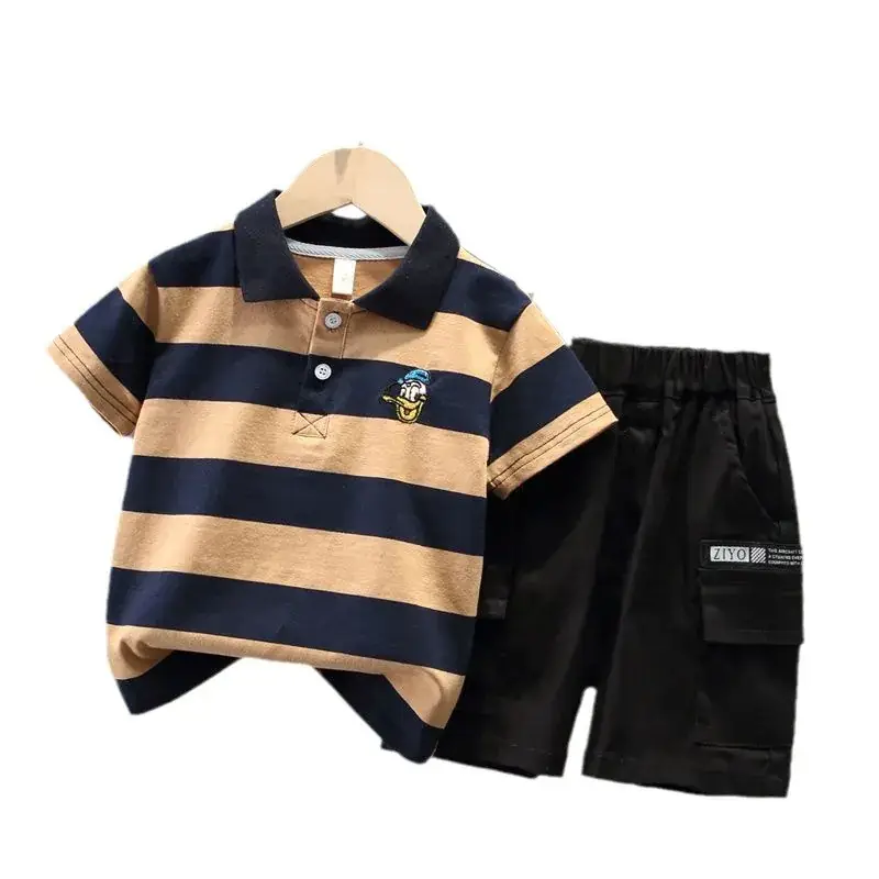 Children Striped Polo Shirt & Black Shorts Set - Image 7