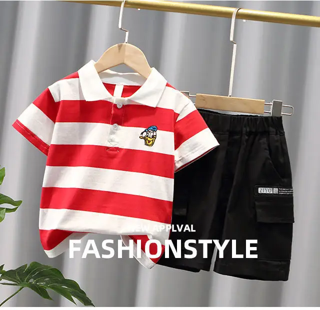 Children Striped Polo Shirt & Black Shorts Set — feature 1