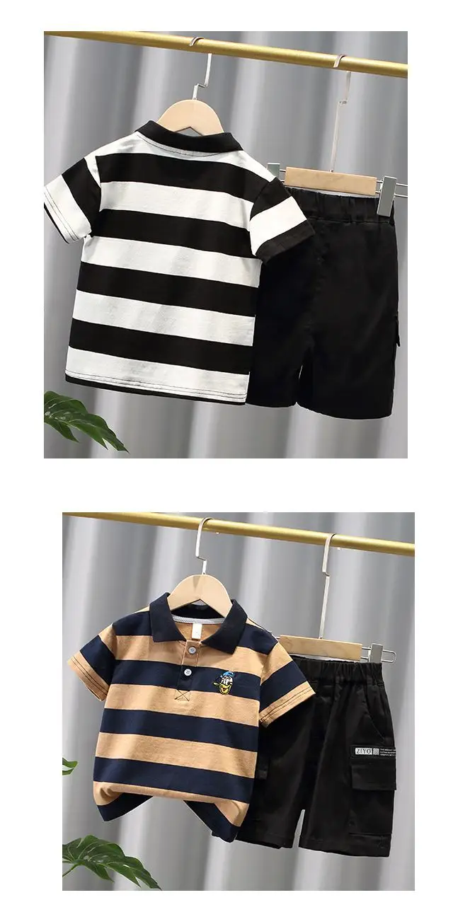 Children Striped Polo Shirt & Black Shorts Set — feature 7