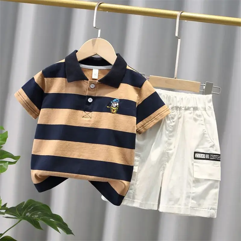 Children Striped Polo Shirt & Black Shorts Set - Image 3