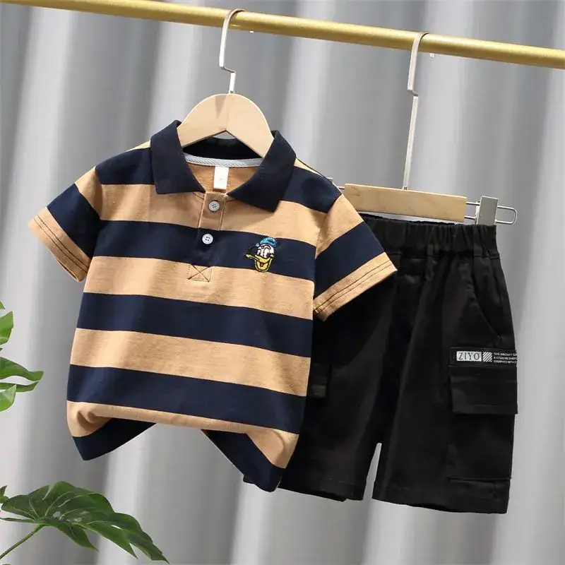 Children Striped Polo Shirt & Black Shorts Set - Image 4