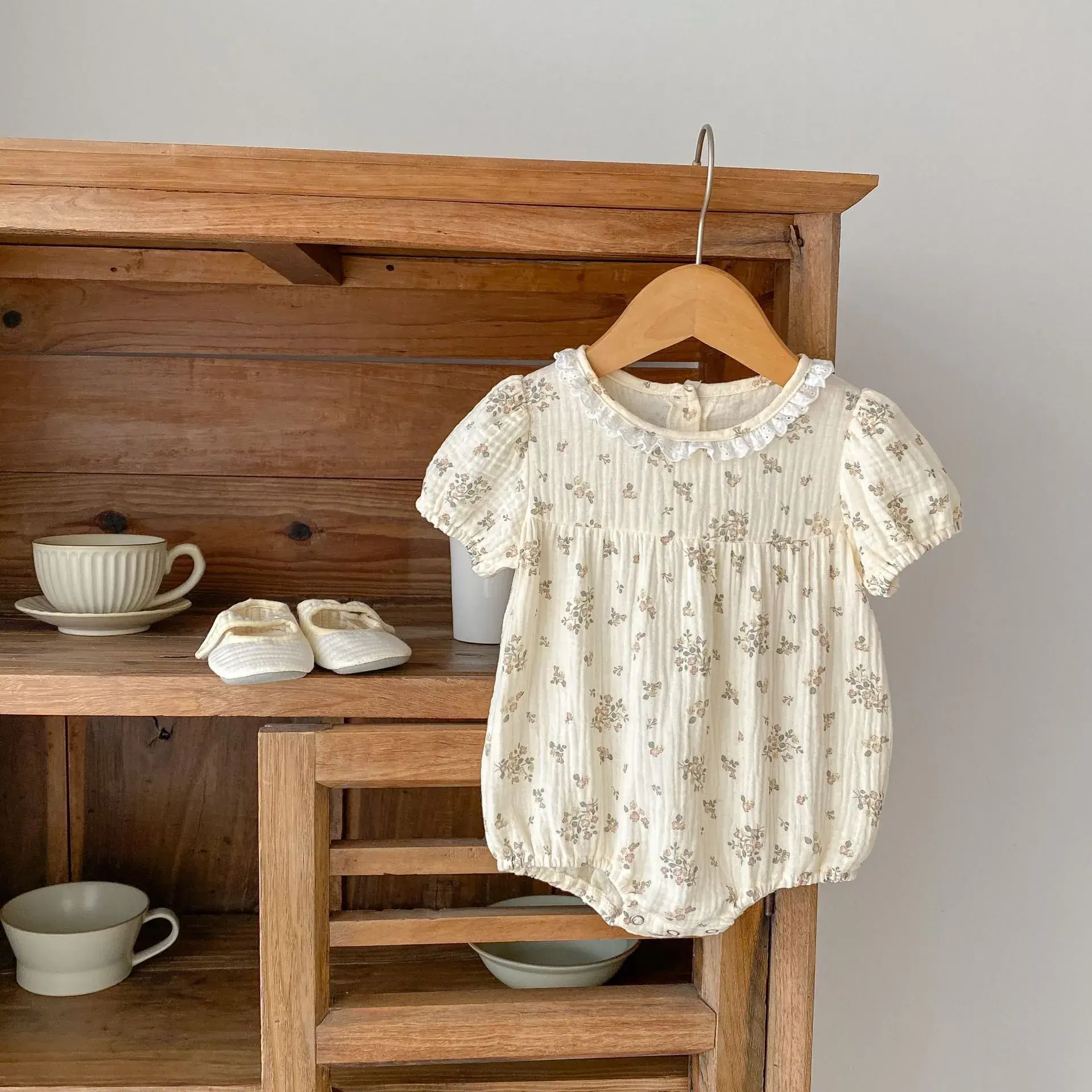 Cotton Floral Lace Baby One-Piece Romper Set - Image 3