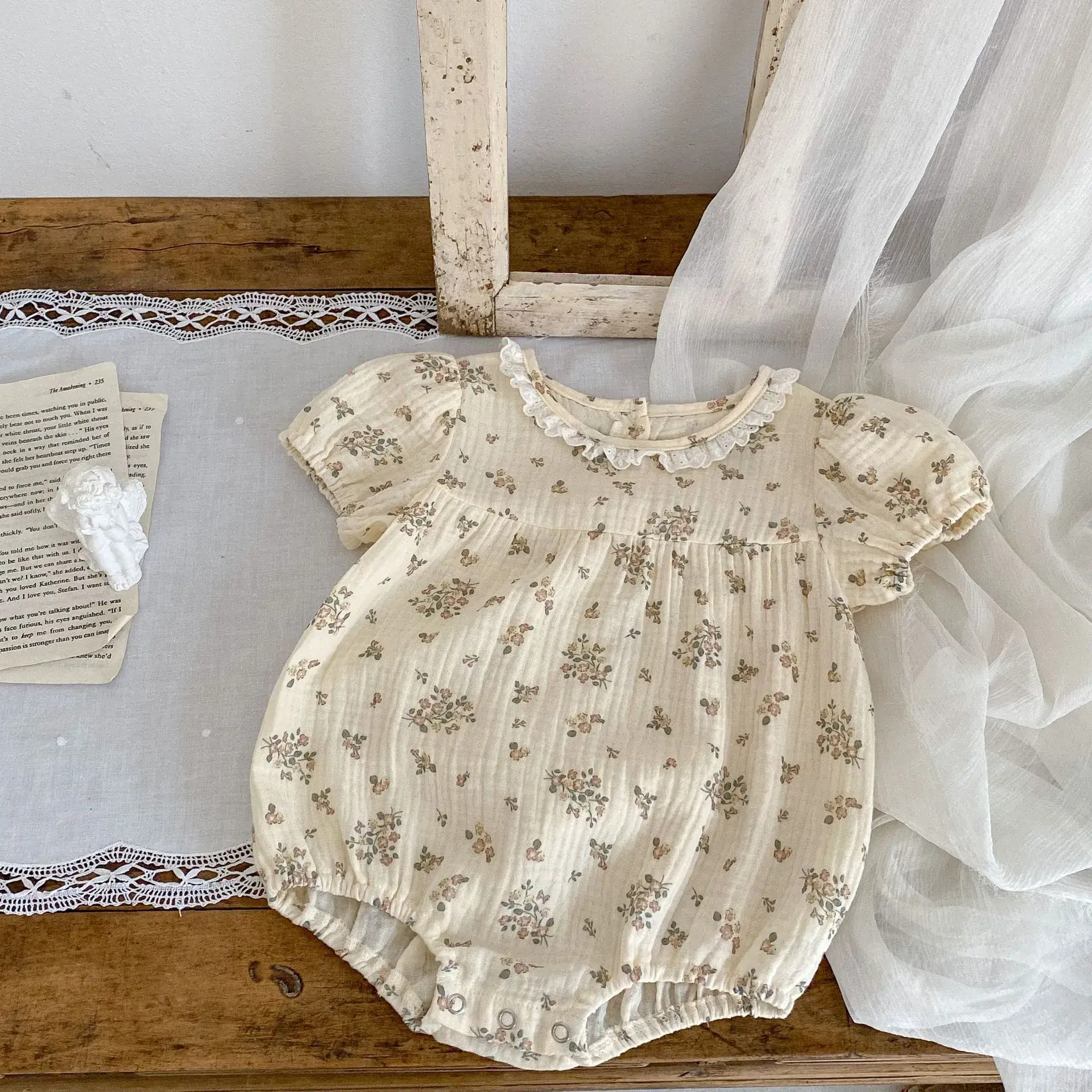 Cotton Floral Lace Baby One-Piece Romper Set - Image 4